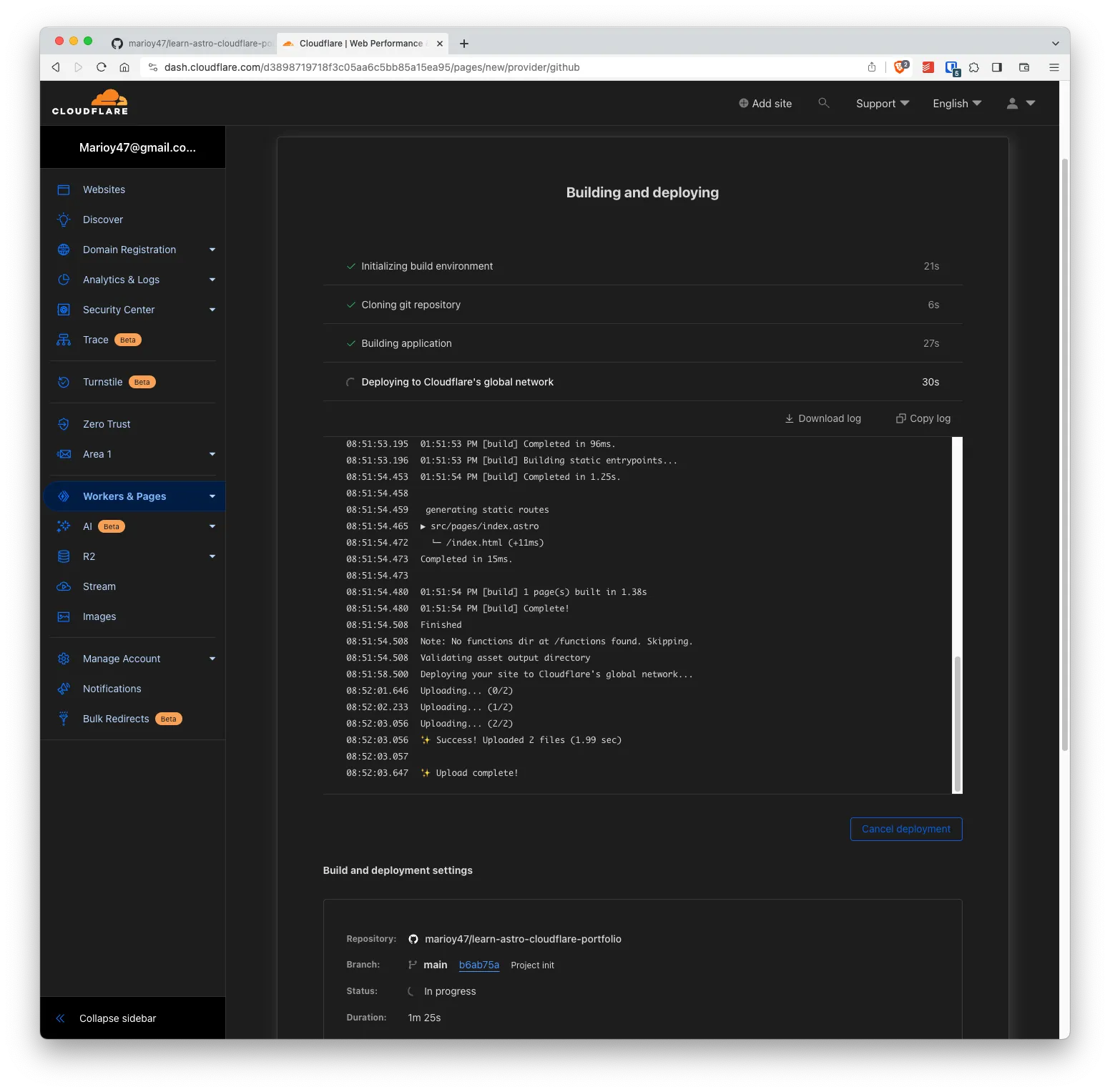 CloudFlare's dashboard showing first build results