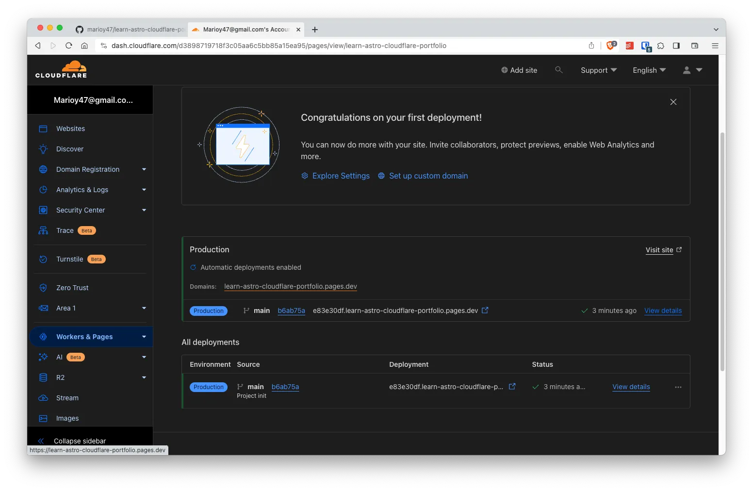 CloudFlare's dashboard showing created domain