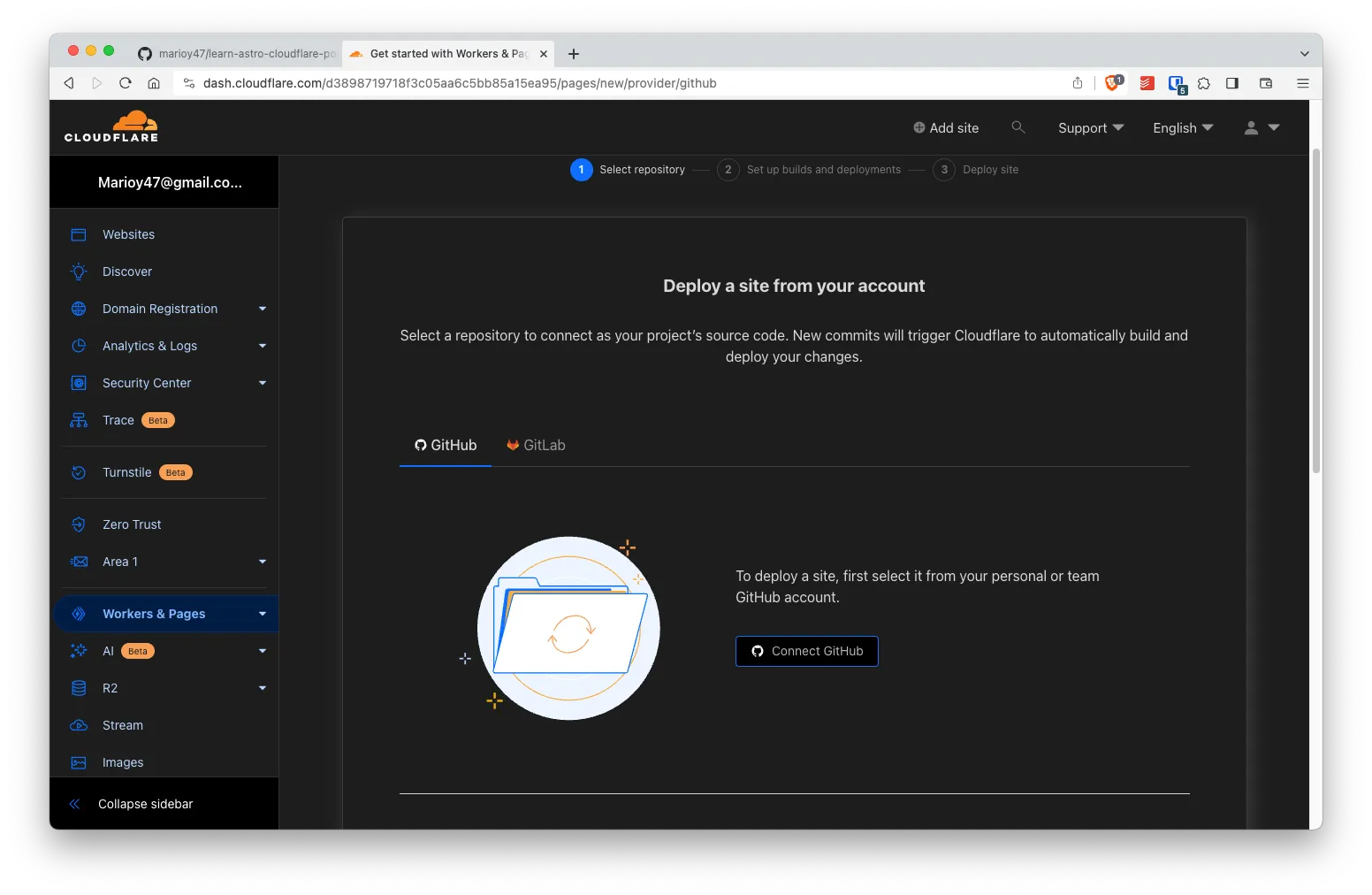 CloudFlare's dashboard showing connect to GitHub button