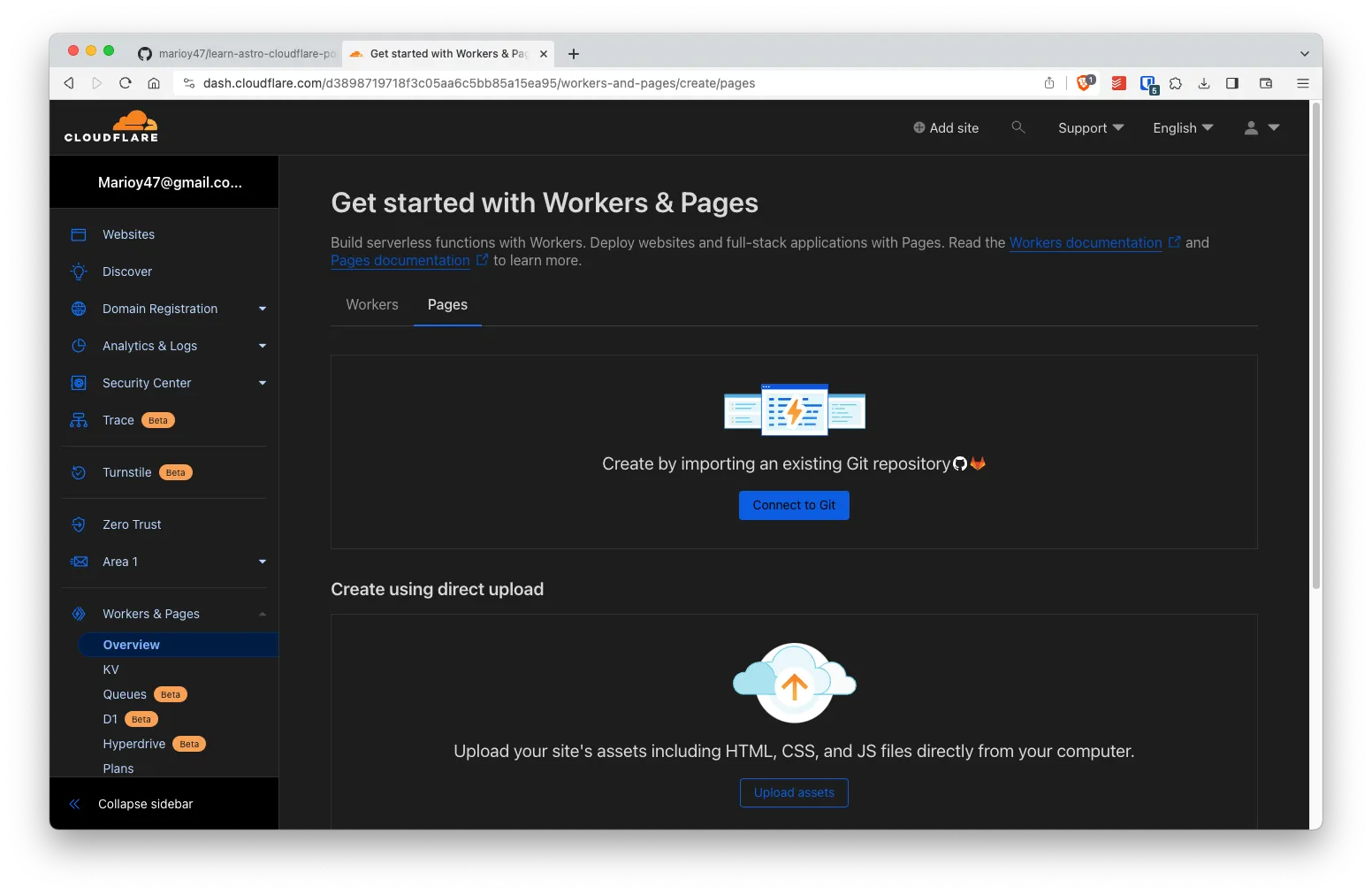 CloudFlare's dashboard showing pages & workers overview