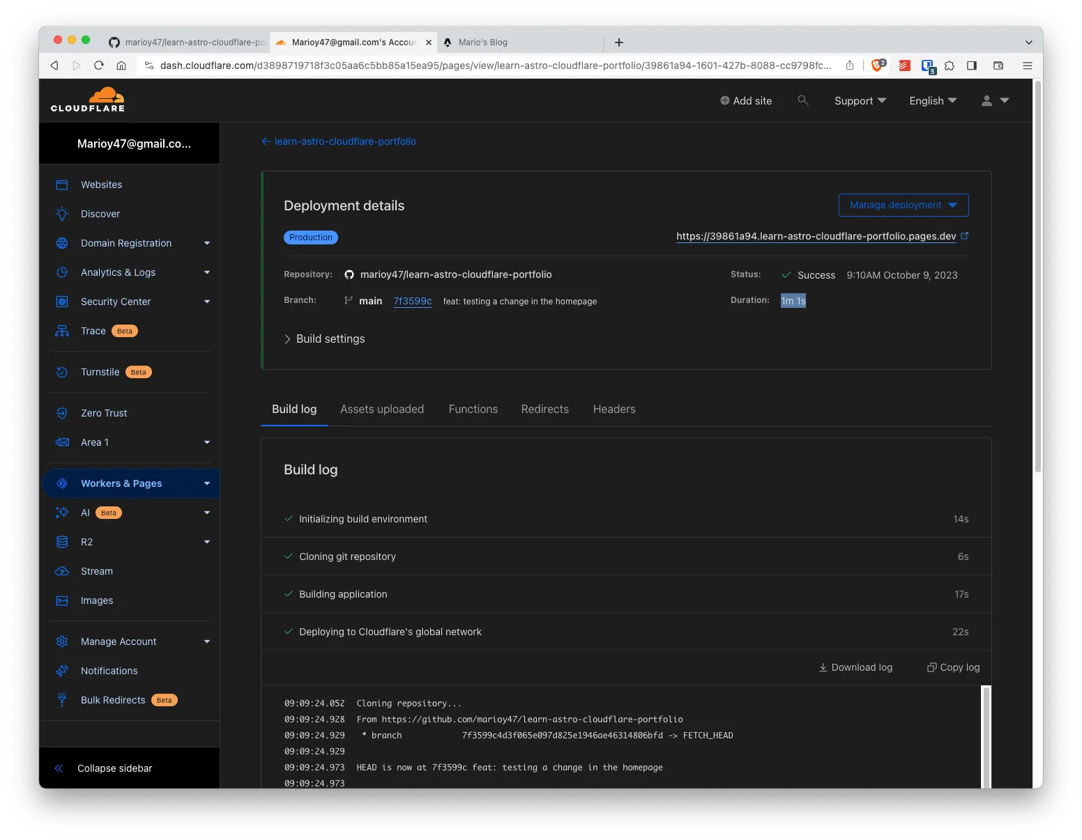 CloudFlare's dashboard showing second deployment