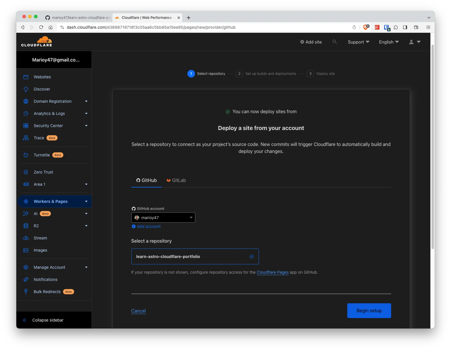 CloudFlare's dashboard showing linked repo