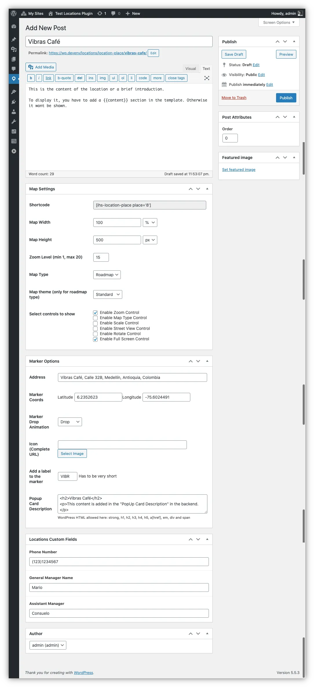 WordPress dashboard screenshot showing how to create a marker