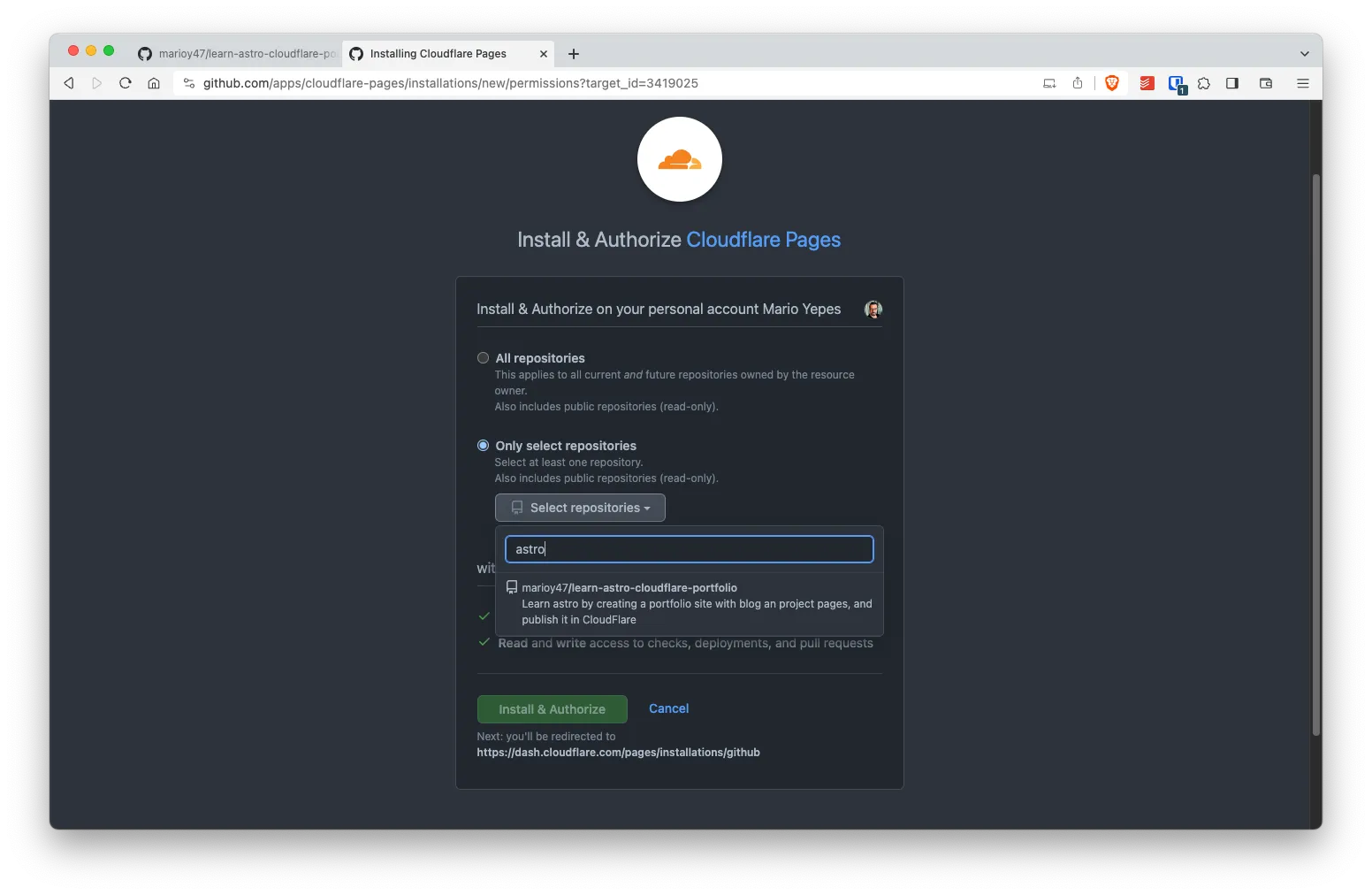 GitHub's dashboard authorizing repo to be installed