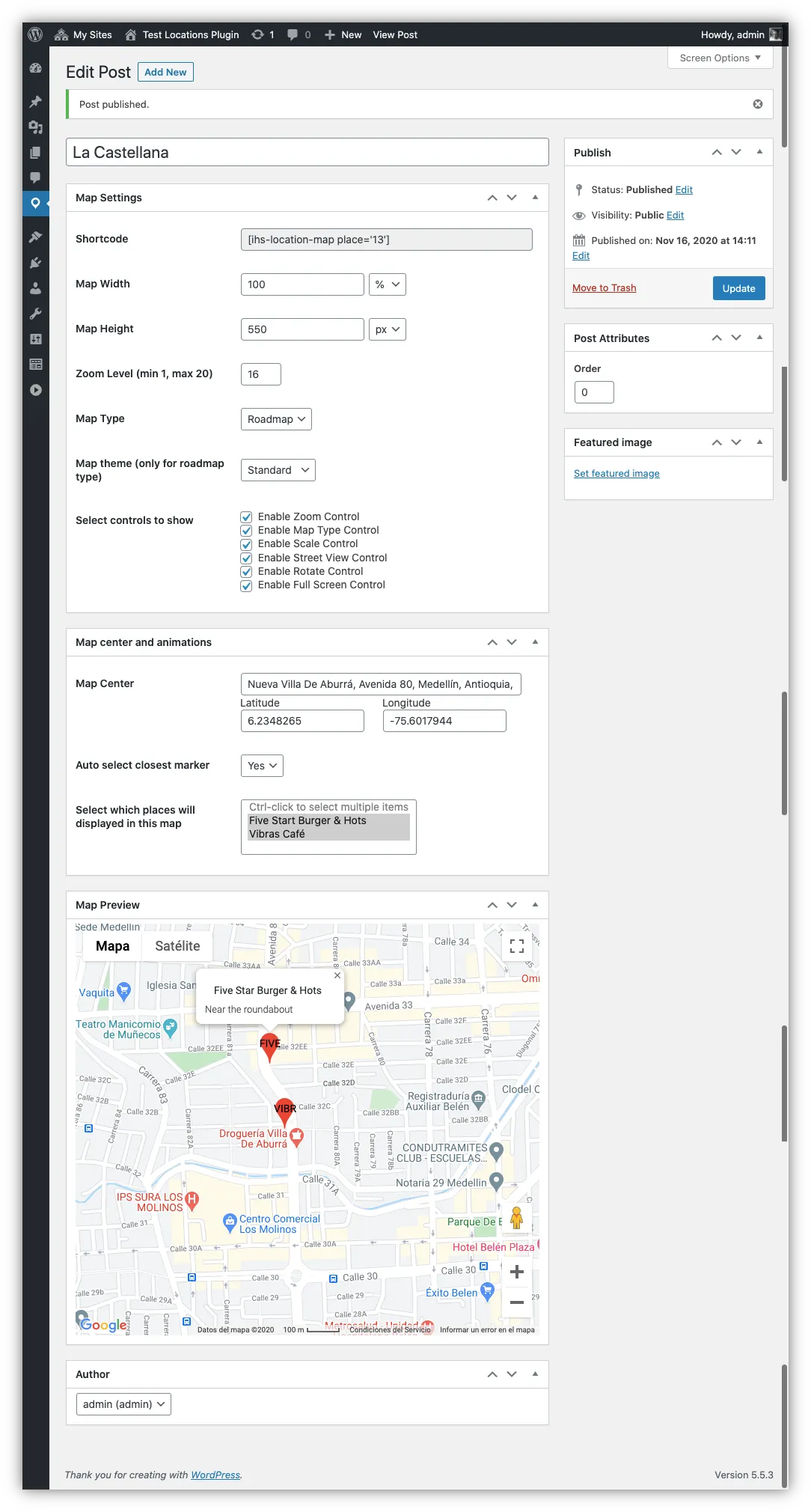 WordPress dashboard screenshot showing how to create a map