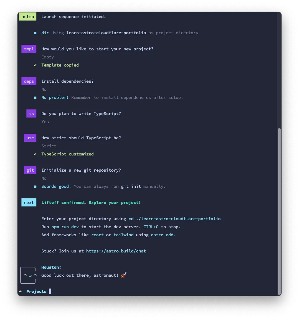 Terminal app running Astro's npm create command