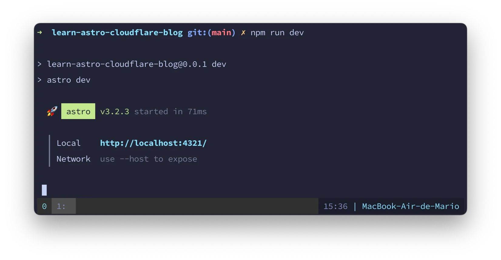 Terminal app running Astro's npm run dev
