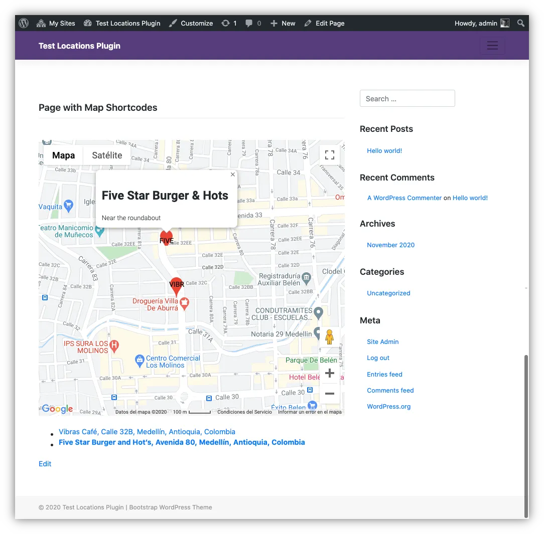 Screenshot of the resulting page after adding the shortcode