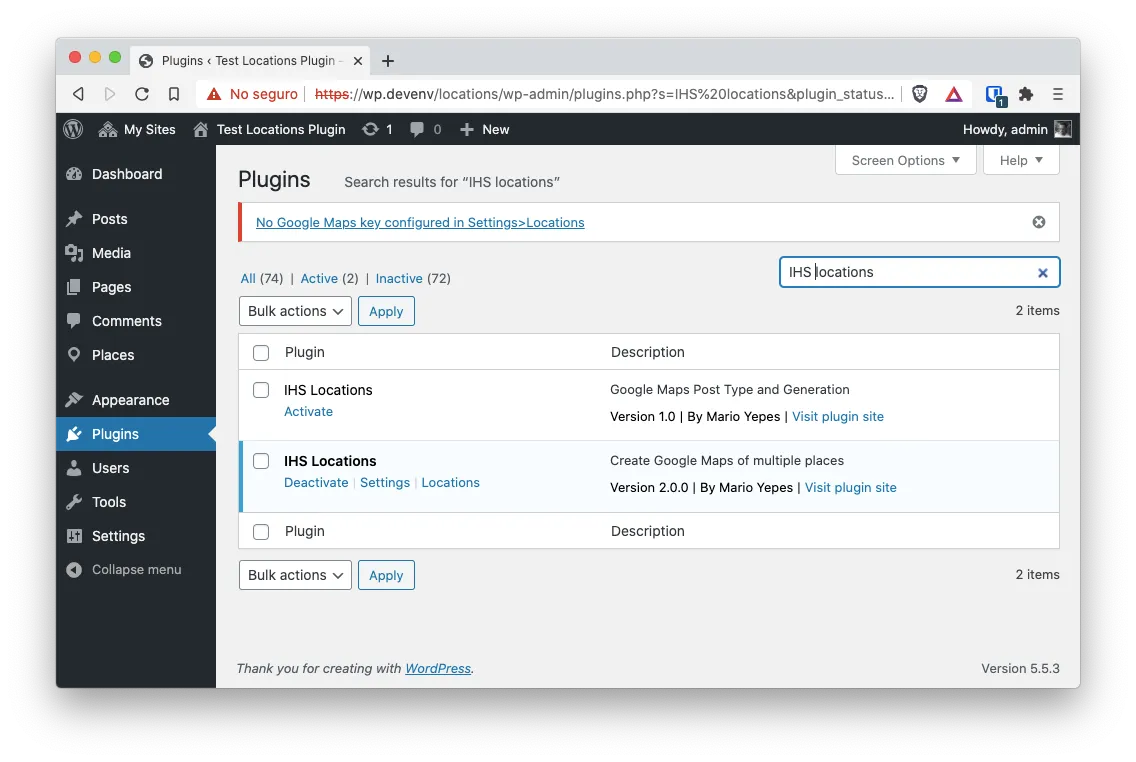 WordPress Dashboard screenshot showing the list of plugins
