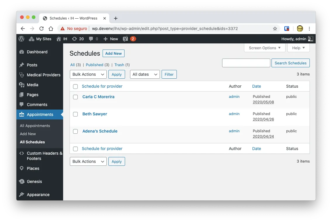 List of configured schedules