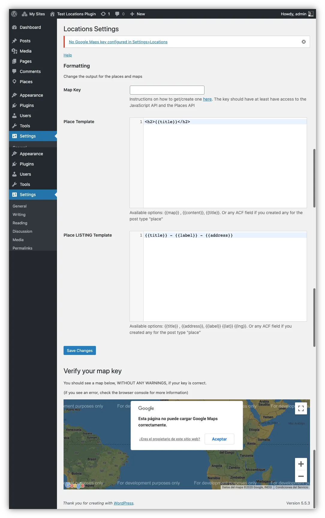 WordPress dashboard screenshot on the plugin settings page 1/2